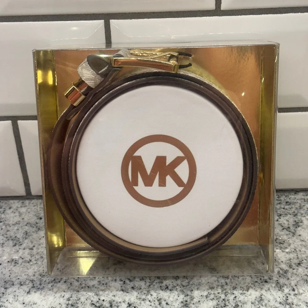 Michael Kors Women's MK Signature Logo Belt Small Medium Gold Buckle Classic New